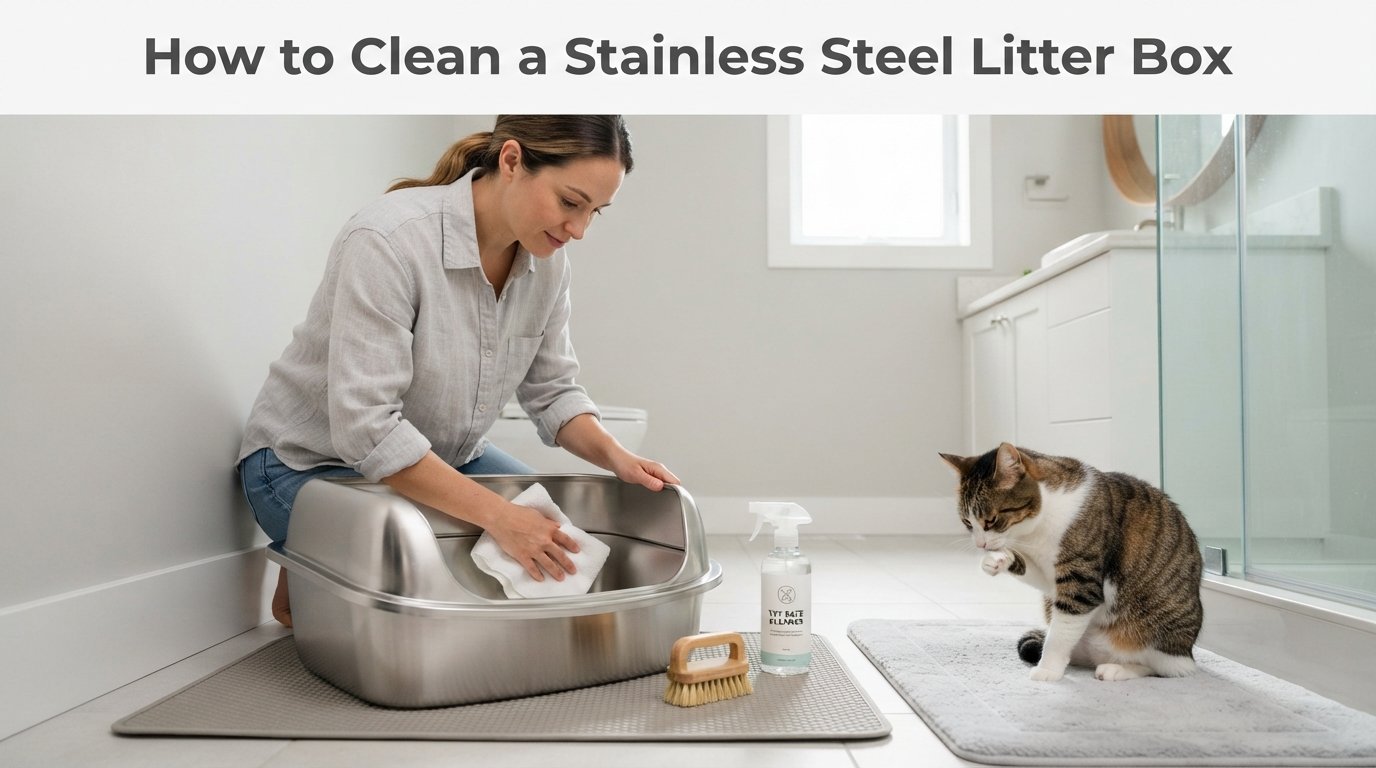 How to Clean a Stainless Steel Litter Box showing a clean stainless steel litter box and simple cleaning tools for cat owners.