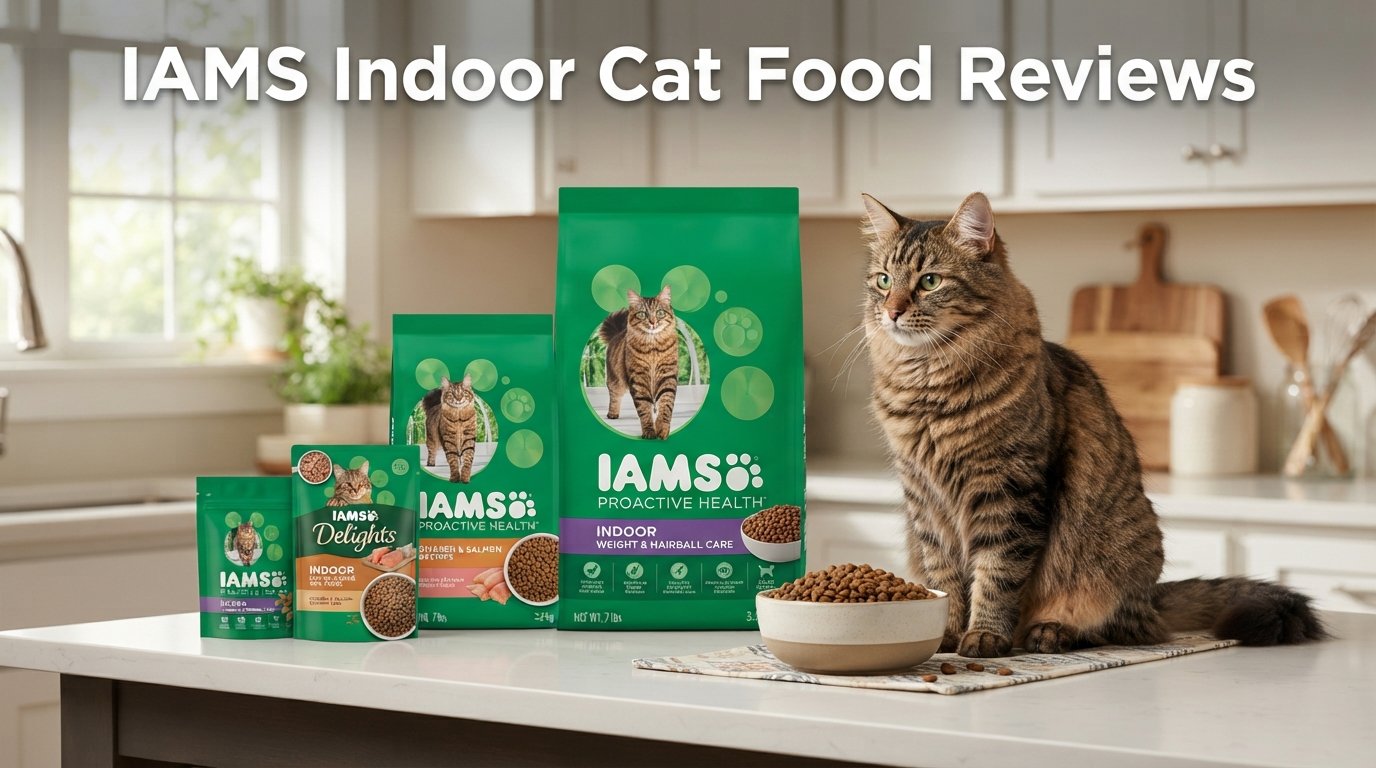 IAMS indoor cat food reviews featuring premium indoor cat food products and a healthy tabby cat in a modern kitchen.