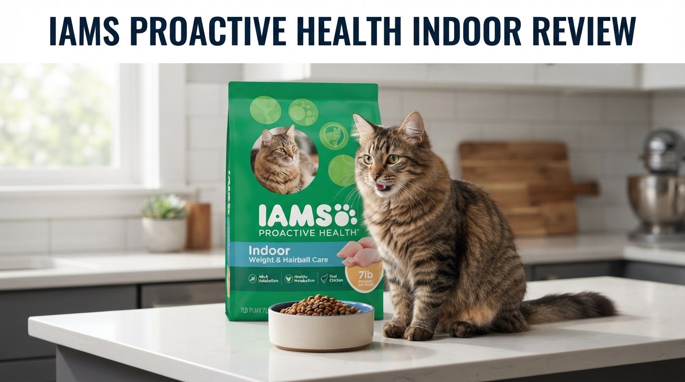 IAMS Proactive Health Indoor review featuring a premium cat food bag and a healthy indoor tabby cat in a modern kitchen.