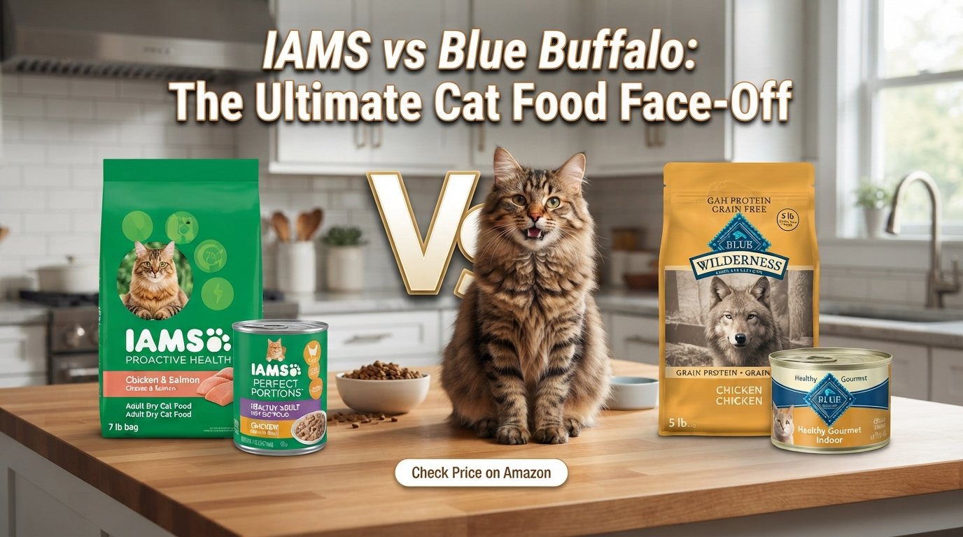 IAMS vs Blue Buffalo cat food comparison featuring products from both brands and a healthy tabby cat.