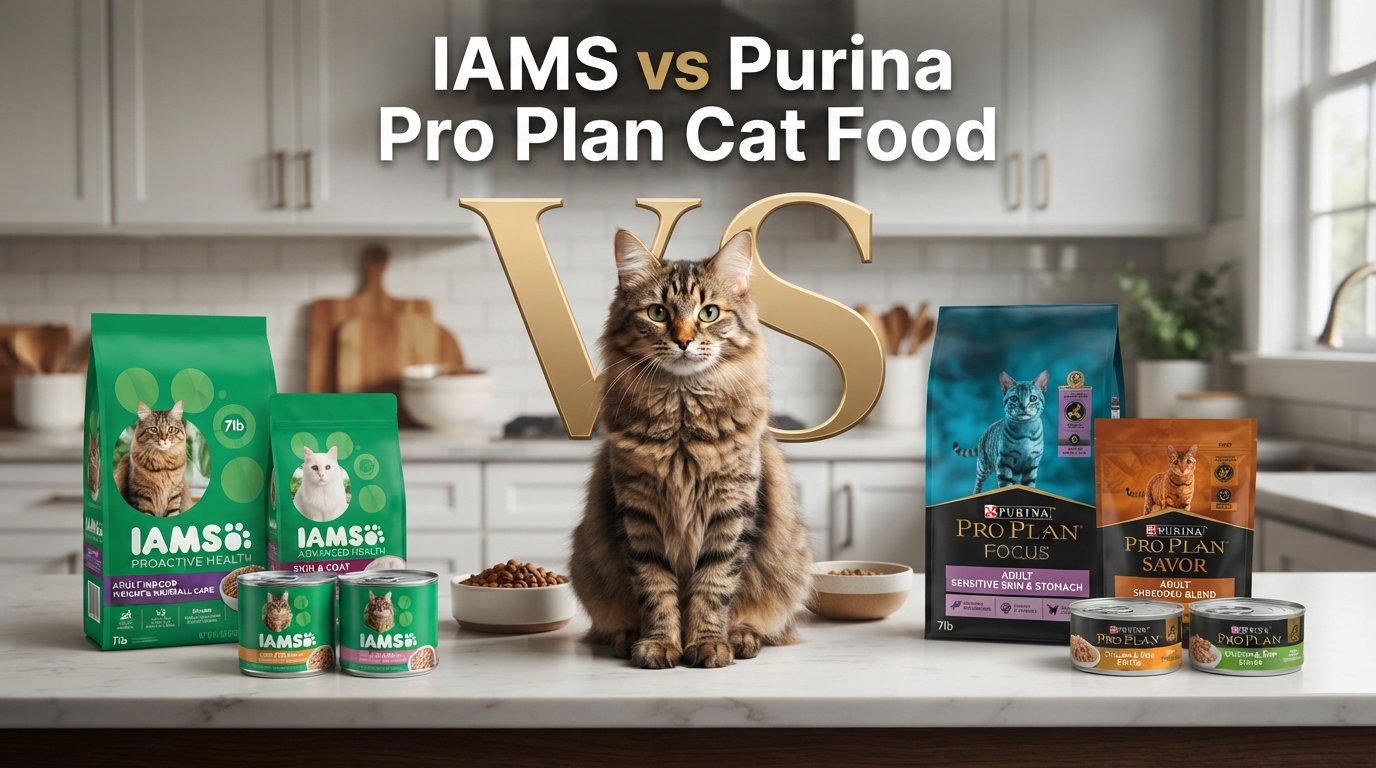 IAMS vs Purina Pro Plan Cat Food comparison featuring products from both brands and a healthy tabby cat.