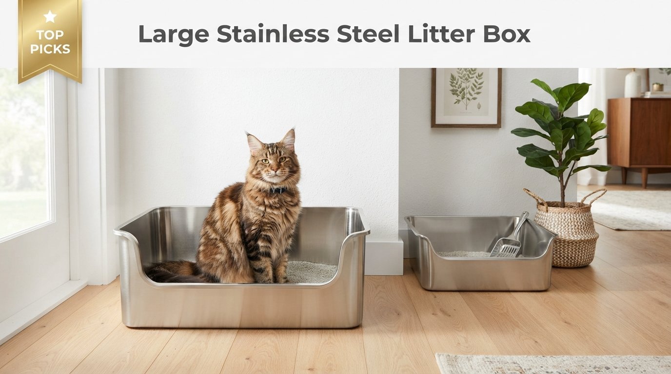 Large stainless steel litter box for big cats featuring durable, easy-to-clean litter boxes in a modern home.