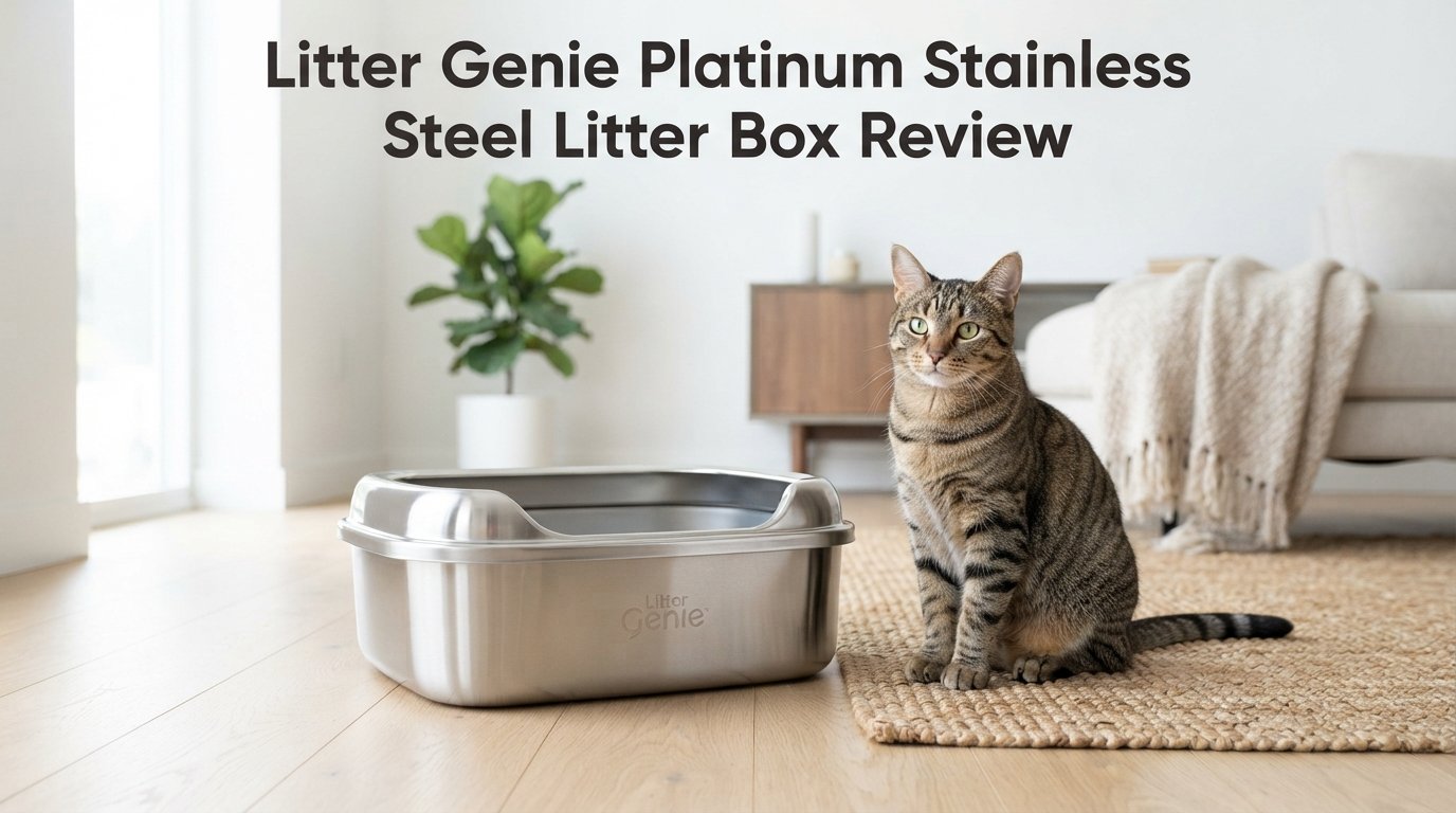 Litter Genie Platinum Stainless Steel Litter Box Review featuring a durable stainless steel litter box for indoor cats in a modern home.