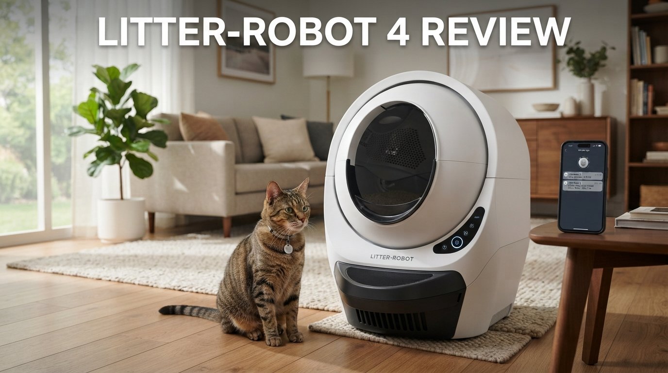 Litter-Robot 4 review featuring a premium self-cleaning litter box and a healthy indoor cat in a modern home.