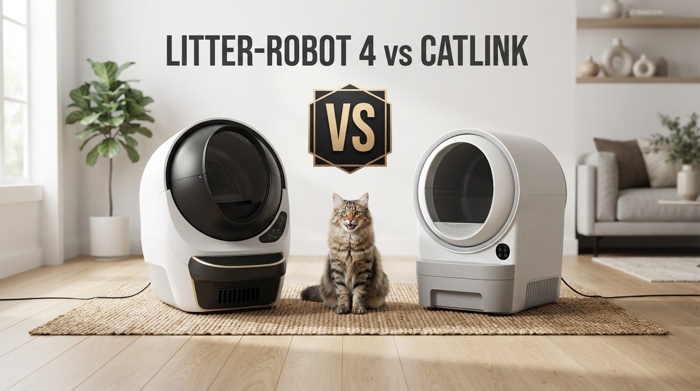 Litter-Robot 4 vs Catlink comparison showing two automatic litter boxes for indoor cats in a modern home.