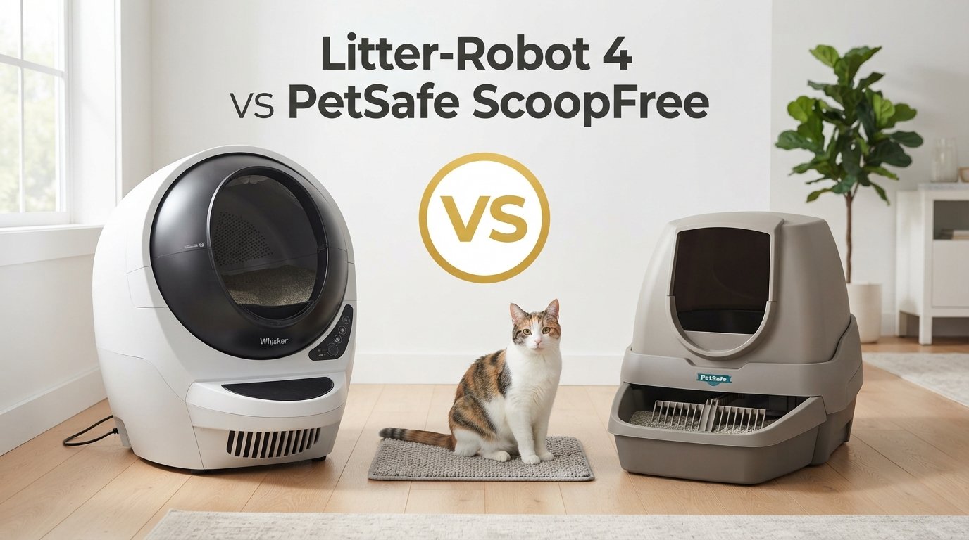 Litter-Robot 4 vs PetSafe ScoopFree comparison showing two automatic litter boxes for indoor cats in a modern home.