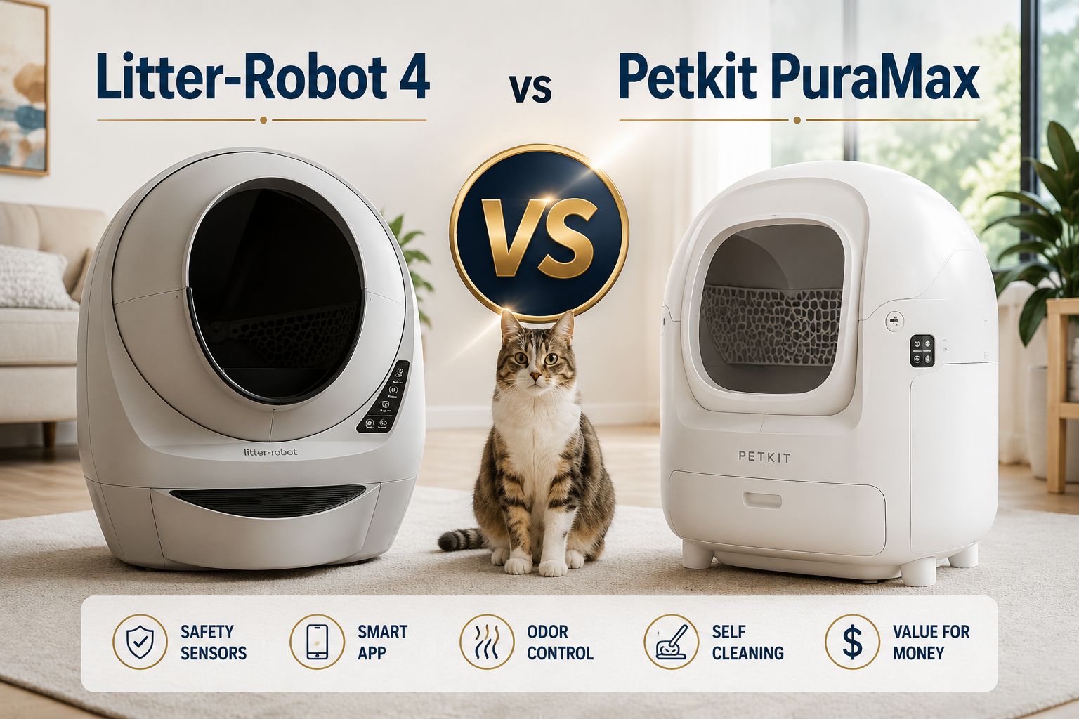 Litter-Robot 4 vs Petkit PuraMax comparison showing two automatic litter boxes for indoor cats.