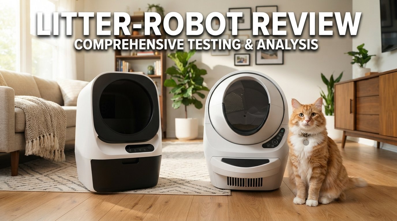 Litter-Robot review featuring premium self-cleaning litter boxes and a healthy indoor cat in a modern home.