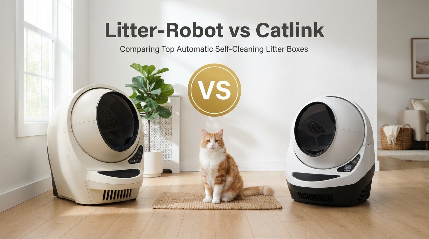 Litter-Robot vs Catlink comparison showing two automatic self-cleaning litter boxes for indoor cats.