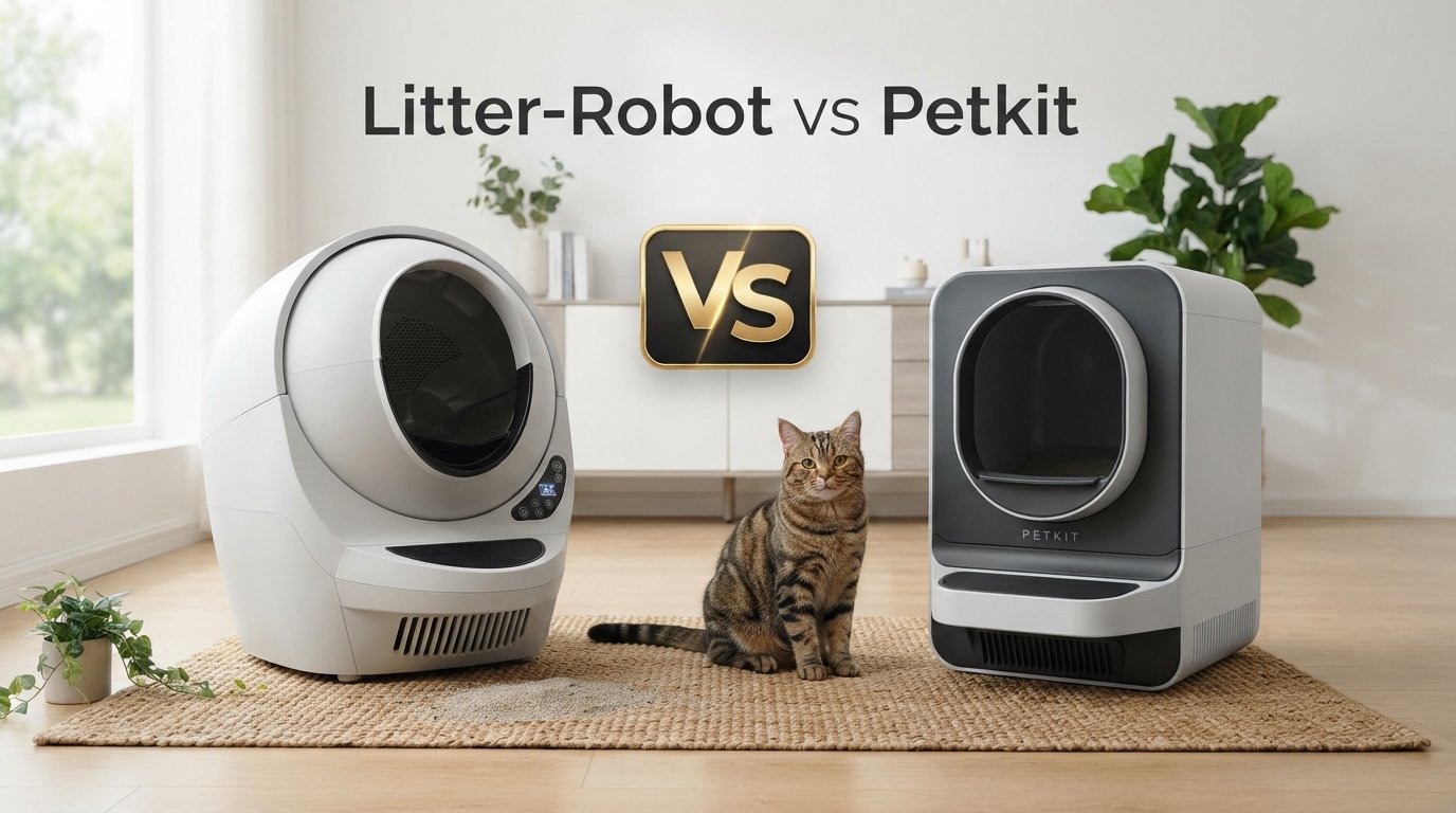 Litter-Robot vs Petkit comparison showing two automatic litter boxes for indoor cats in a modern home.