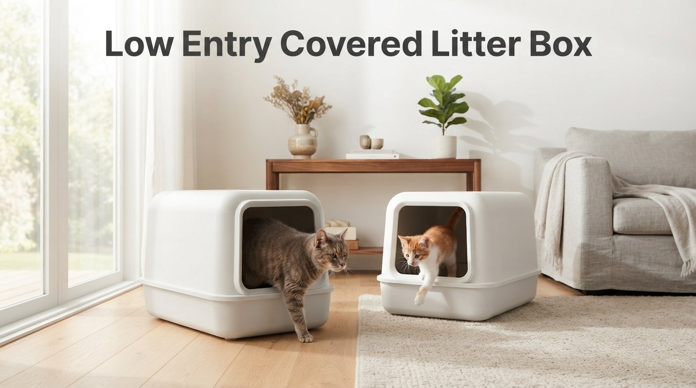 Low Entry Covered Litter Box featuring an easy-access enclosed litter box designed for kittens, senior cats, and cats with mobility challenges.