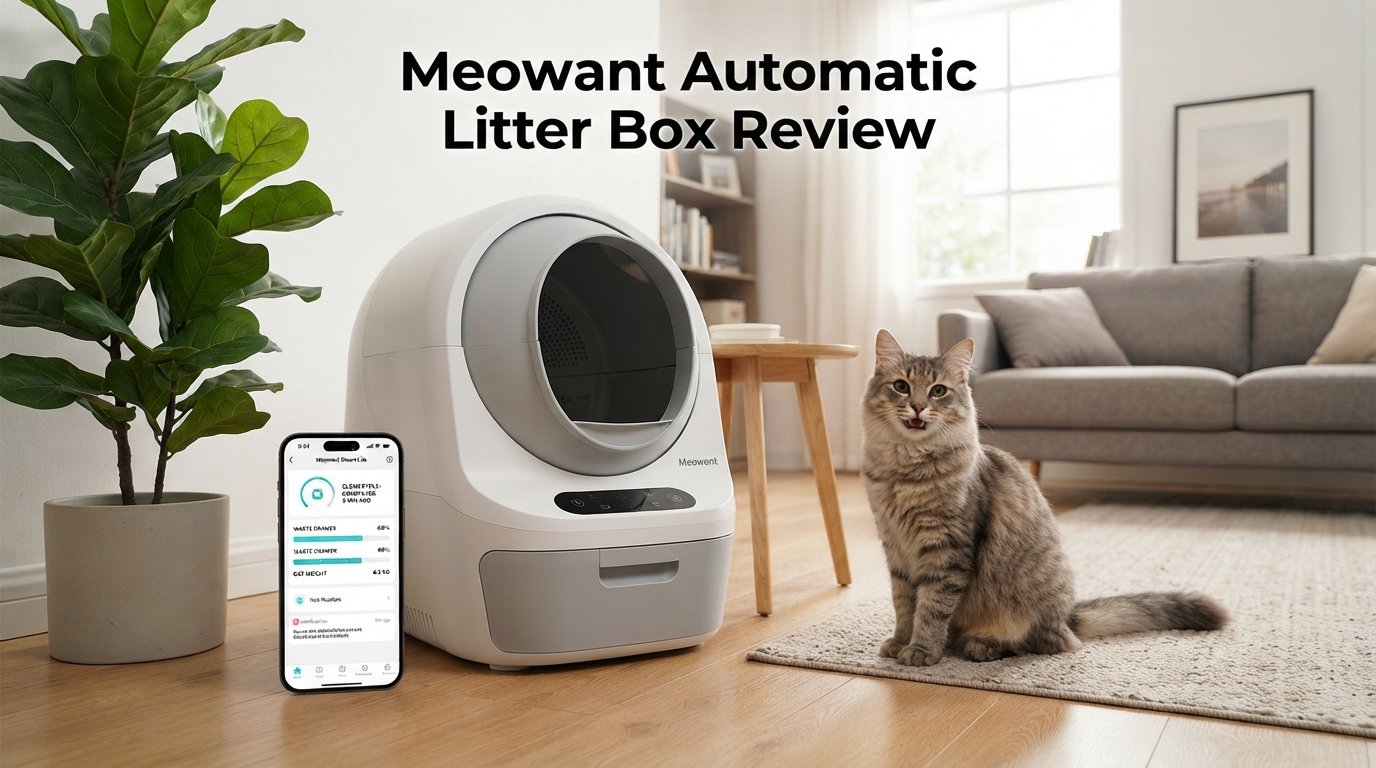 Meowant Automatic Litter Box review featuring a premium self-cleaning litter box and a healthy indoor cat in a modern home.