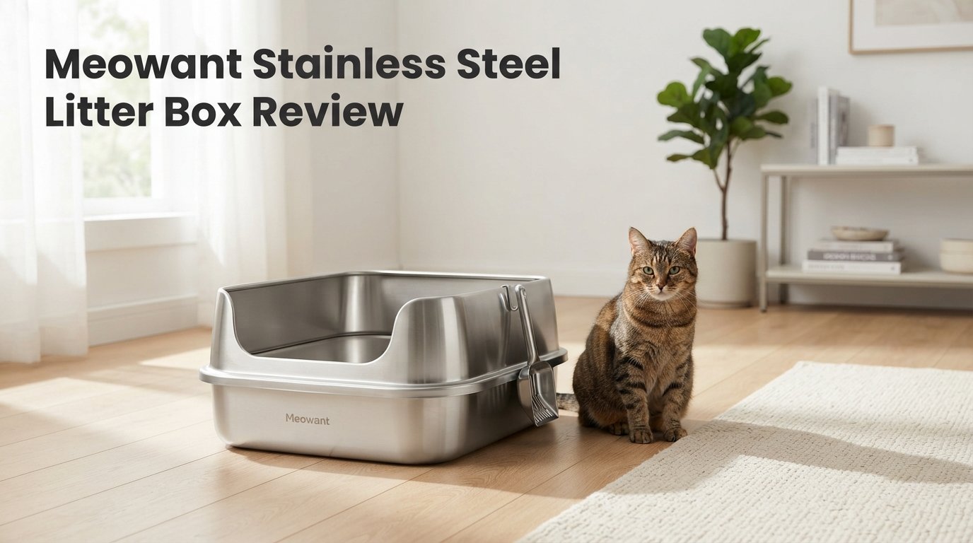 Meowant Stainless Steel Litter Box Review featuring a durable stainless steel litter box for indoor cats in a modern home.