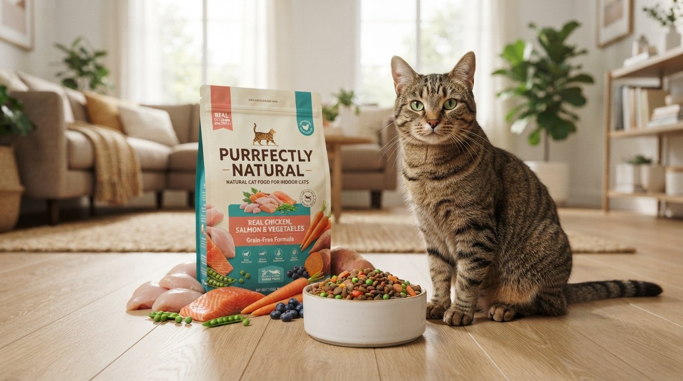 Natural cat food for indoor cats displayed with a healthy indoor tabby cat and premium natural ingredients in a modern living room.