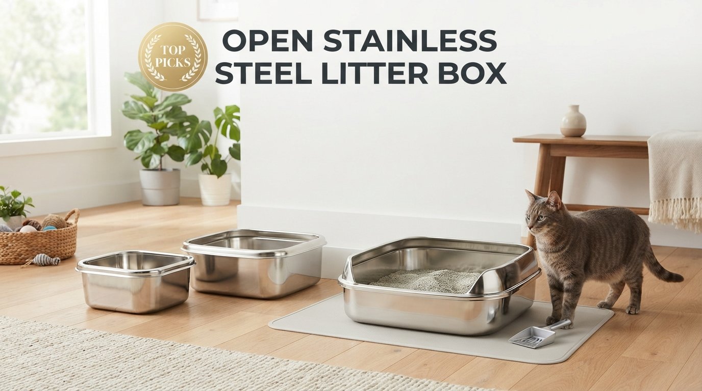 Open stainless steel litter box featuring durable open-top litter boxes for indoor cats in a modern home.