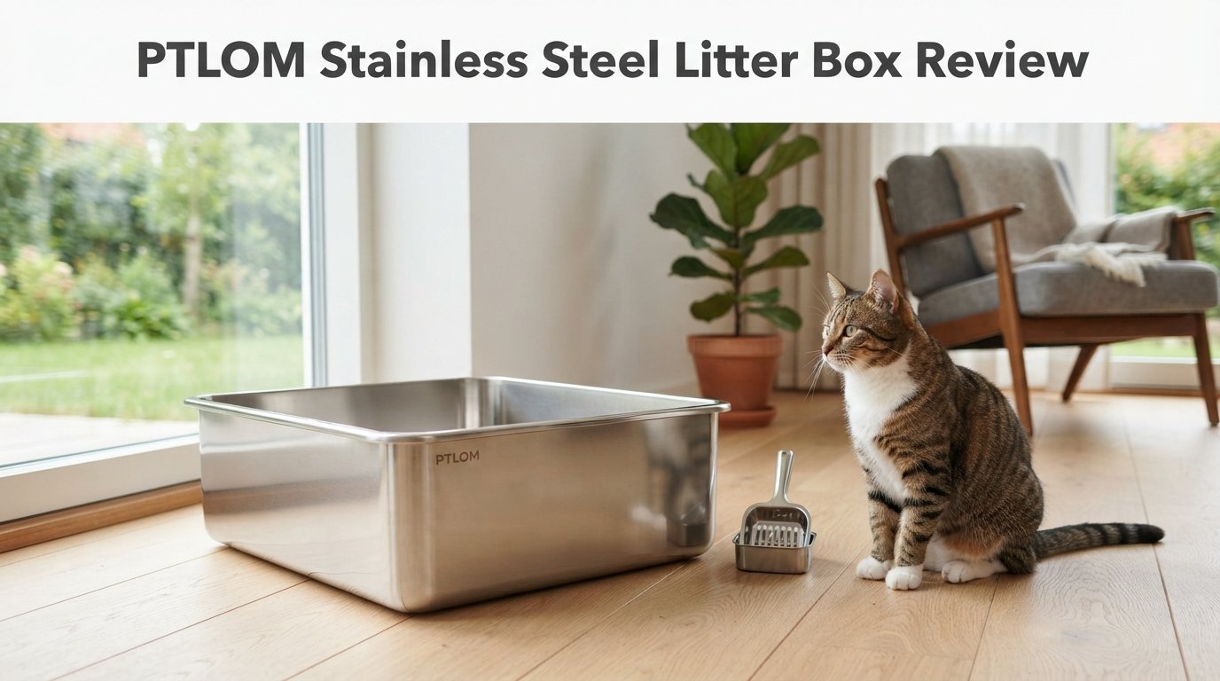 PTLOM Stainless Steel Litter Box Review featuring a durable stainless steel litter box for indoor cats in a modern home.
