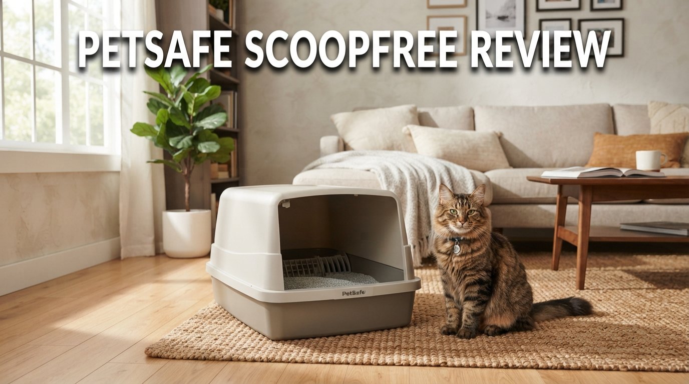 PetSafe ScoopFree review featuring a self-cleaning litter box and a healthy indoor cat in a modern home.