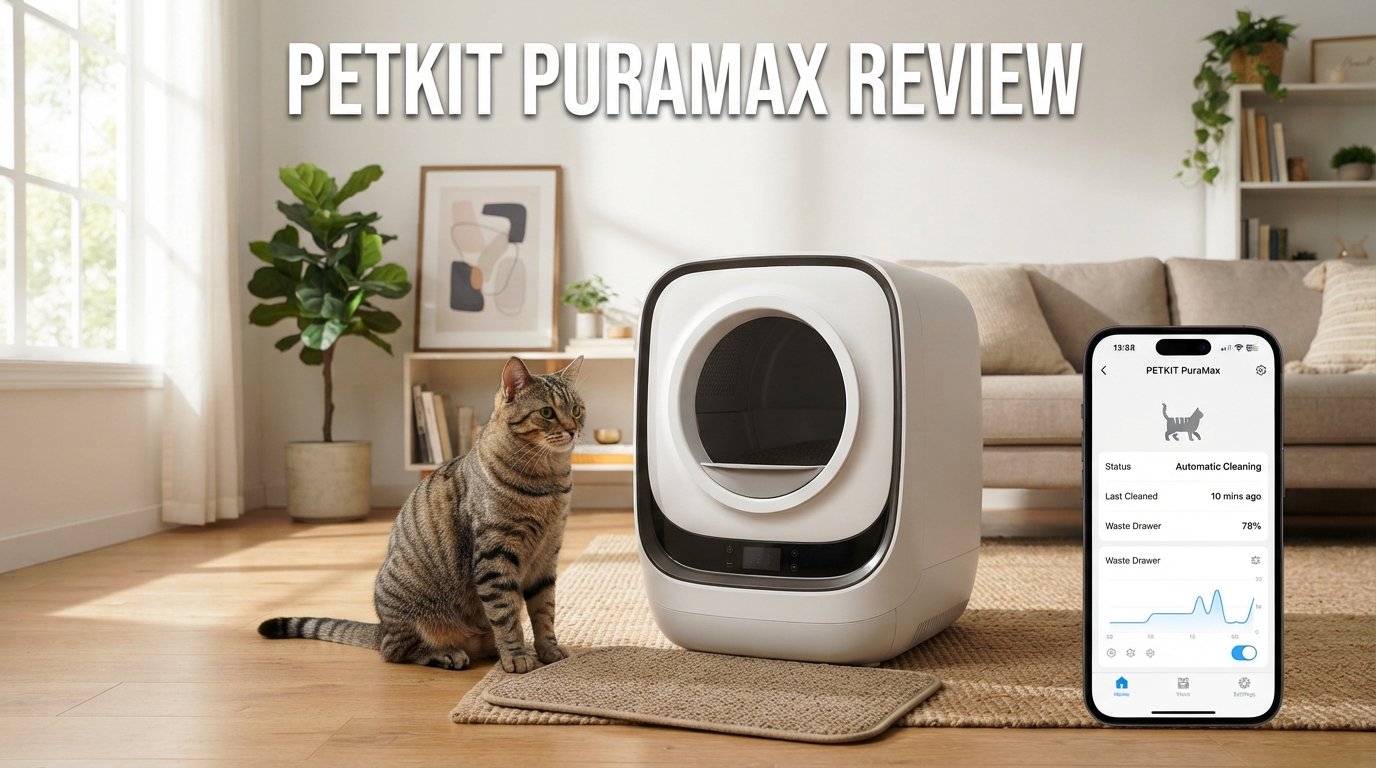 Petkit PuraMax review featuring a premium self-cleaning litter box and a healthy indoor cat in a modern home.
