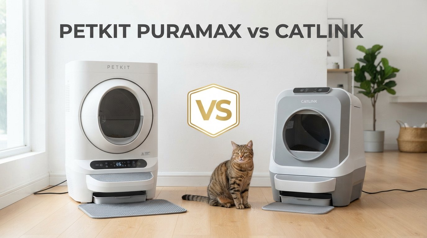 Petkit PuraMax vs Catlink comparison showing two automatic litter boxes for indoor cats in a modern home.