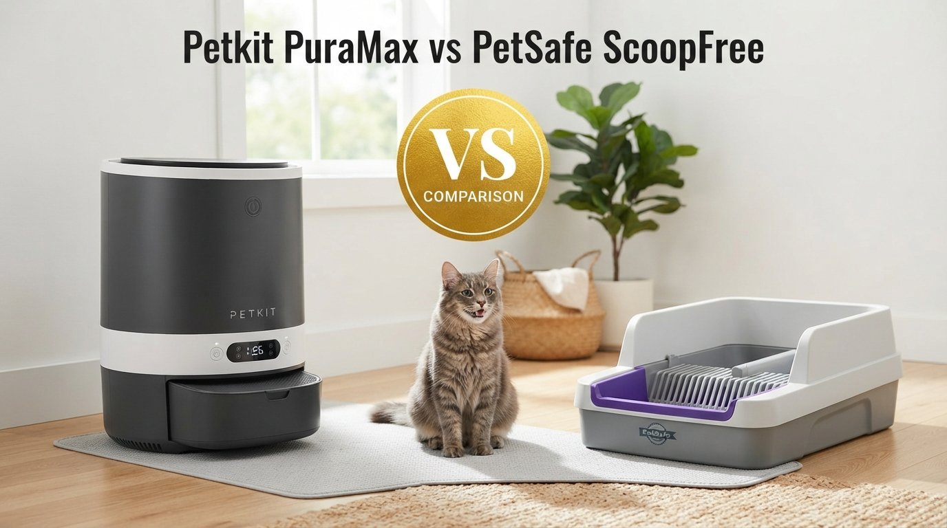 Petkit PuraMax vs PetSafe ScoopFree comparison showing two automatic litter boxes for indoor cats in a modern home.