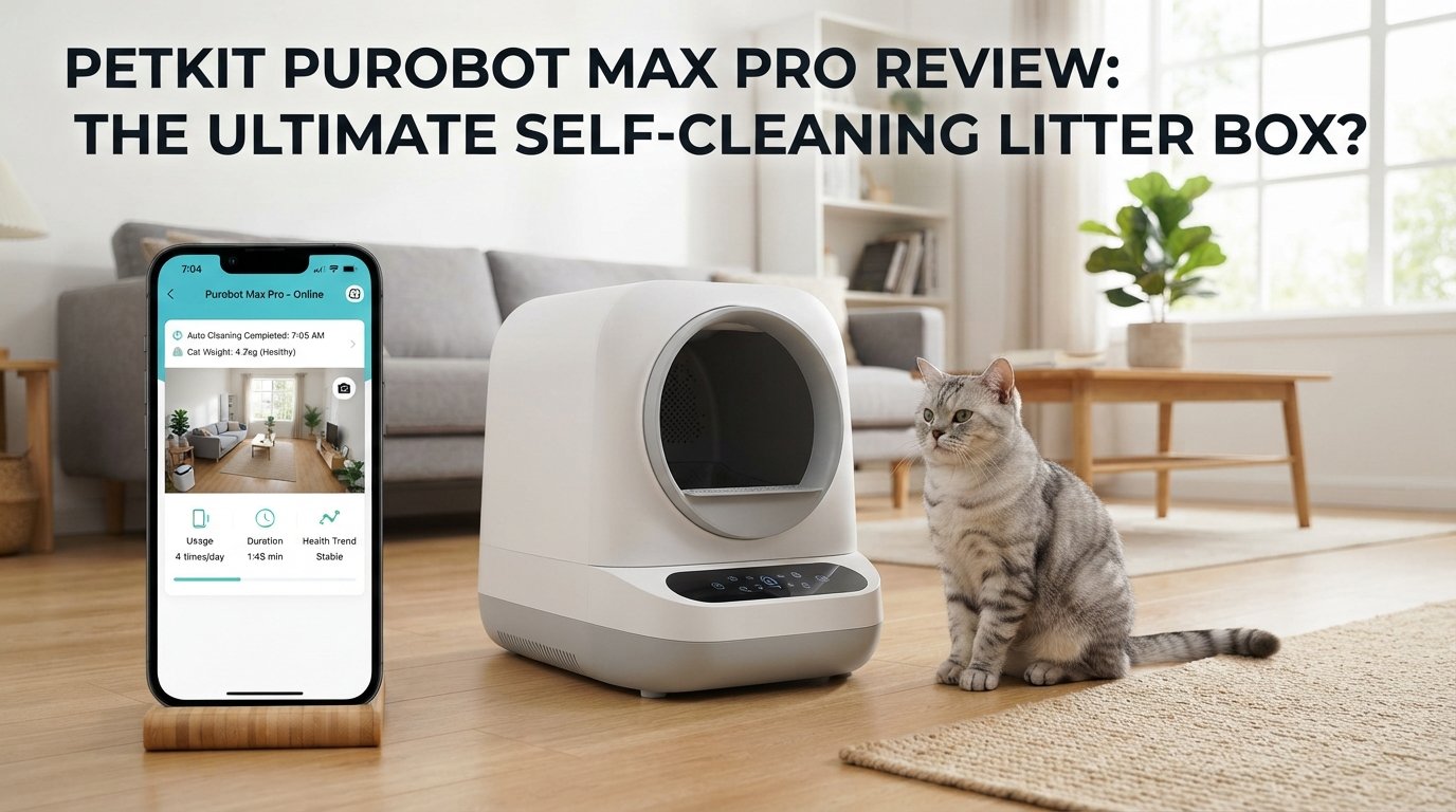 Petkit Purobot Max Pro review featuring a premium self-cleaning litter box and a healthy indoor cat in a modern home.