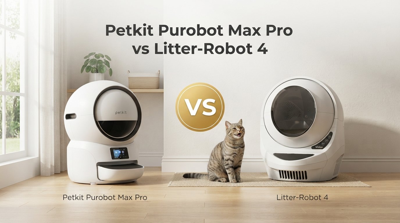 Petkit Purobot Max Pro vs Litter-Robot 4 comparison showing two automatic litter boxes for indoor cats in a modern home.