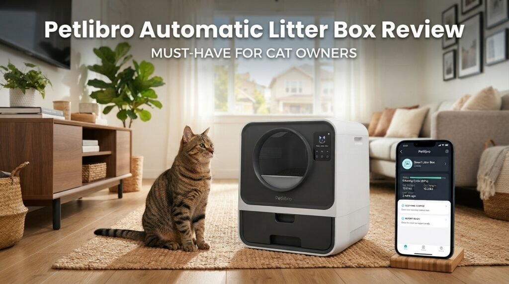 Petlibro Automatic Litter Box review featuring a premium self-cleaning litter box and a healthy indoor cat in a modern home.