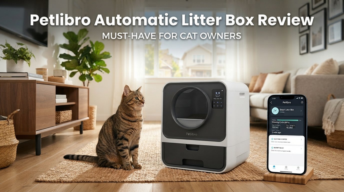 Petlibro Automatic Litter Box review featuring a premium self-cleaning litter box and a healthy indoor cat in a modern home.