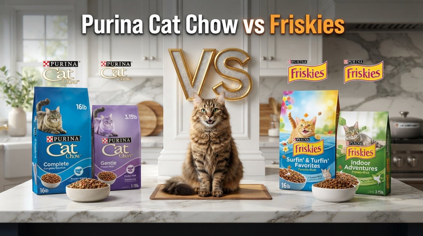 Purina Cat Chow vs Friskies cat food comparison featuring products from both brands and a healthy tabby cat.