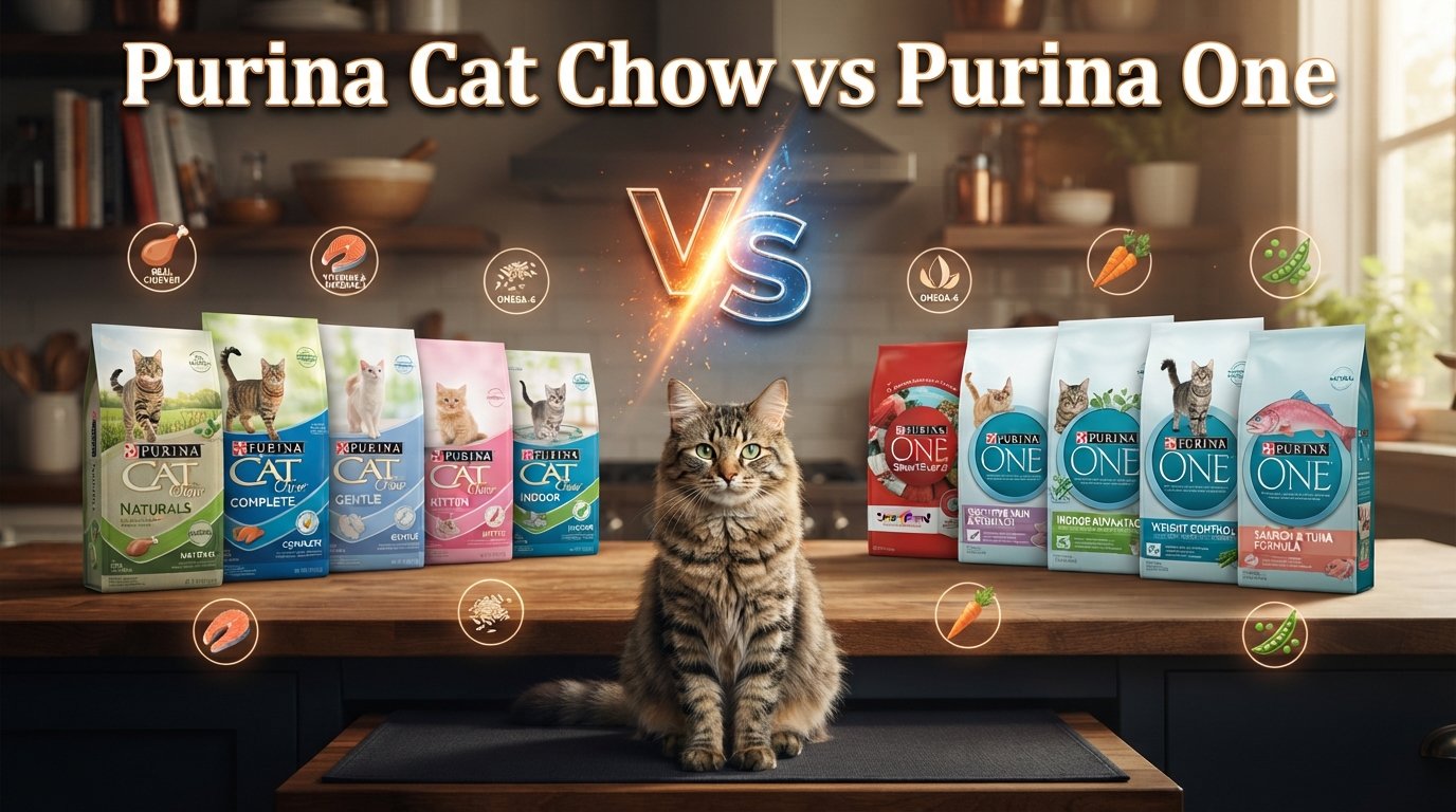 Purina Cat Chow vs Purina One comparison featuring five products from each brand and a healthy tabby cat in a modern kitchen.