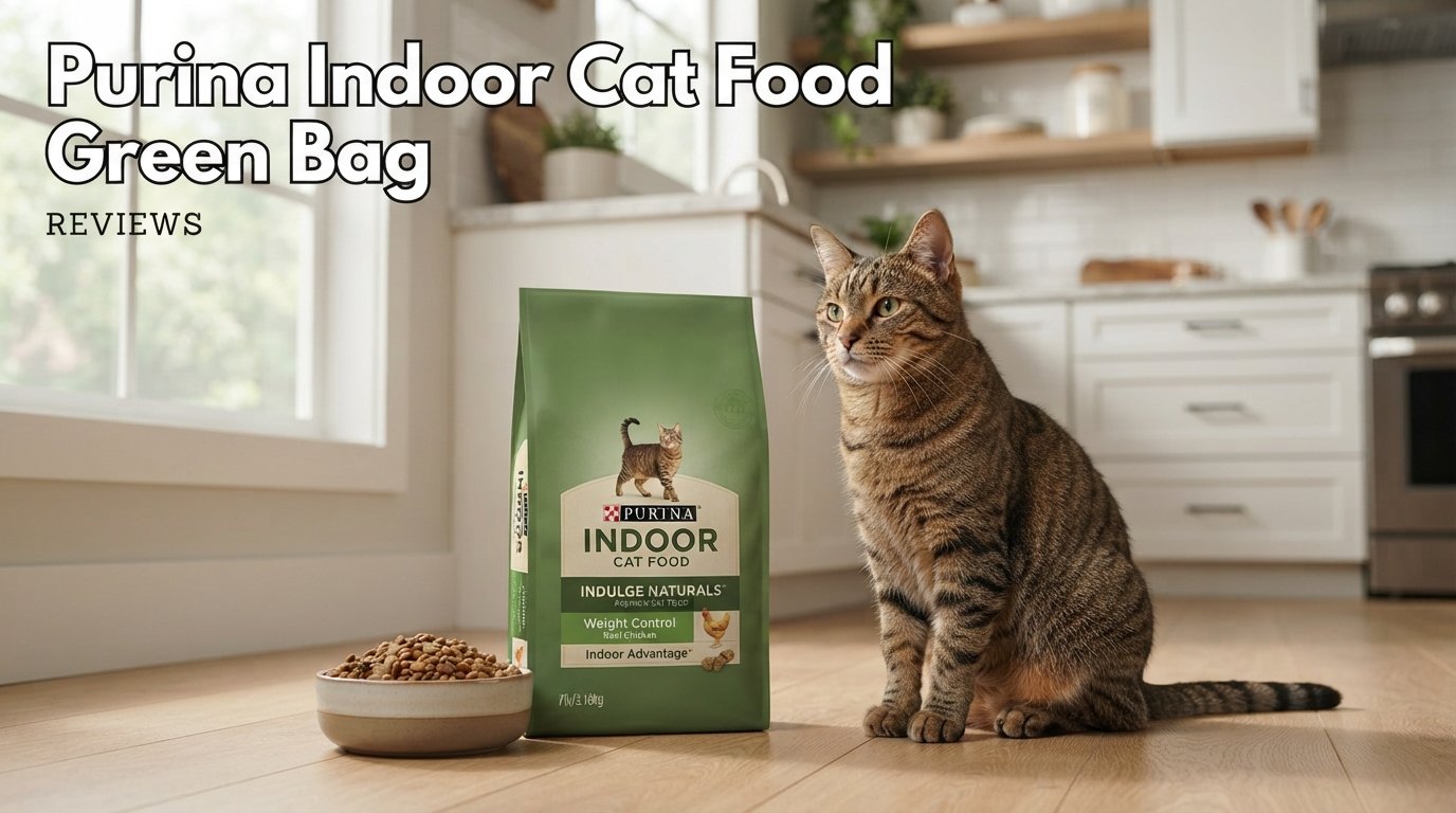 Purina indoor cat food green bag displayed with a healthy indoor tabby cat and premium kibble in a modern kitchen.