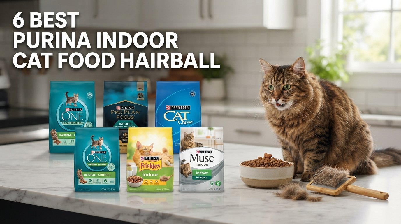 Purina indoor cat food hairball formulas displayed with a healthy long-haired indoor cat and premium hairball control kibble in a modern kitchen.