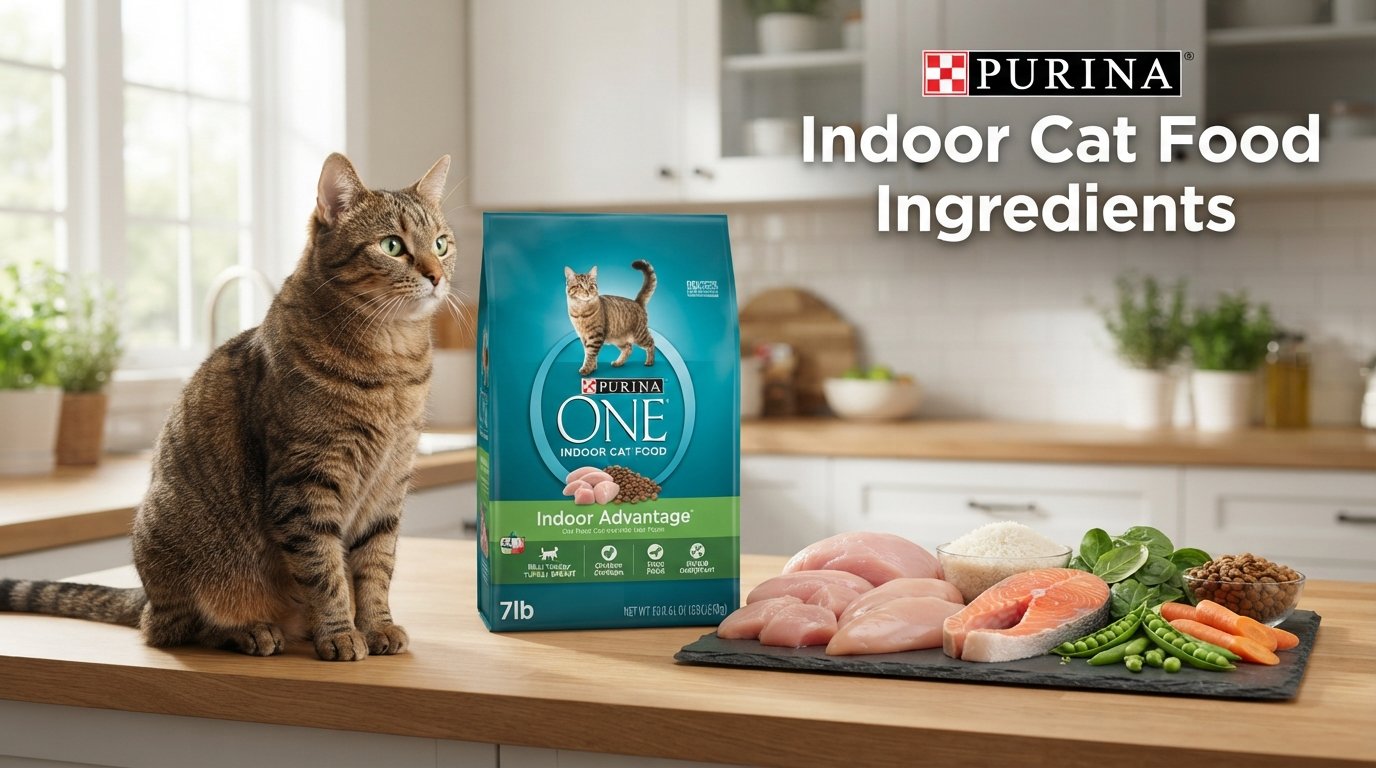 Purina indoor cat food ingredients featuring premium cat food, real protein sources, and a healthy indoor tabby cat.