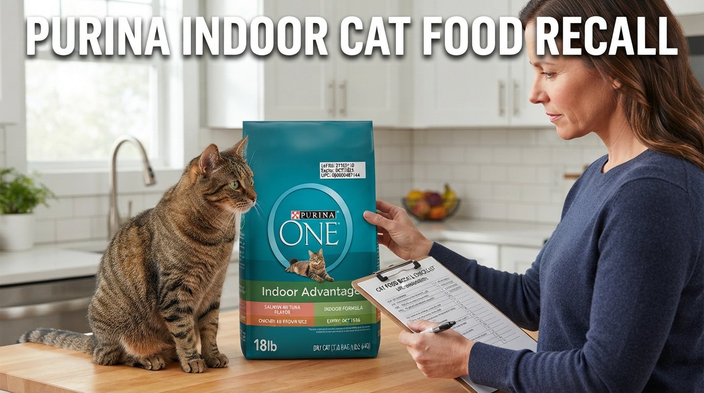 Purina indoor cat food recall information featuring a premium cat food bag and a healthy tabby cat in a modern kitchen.