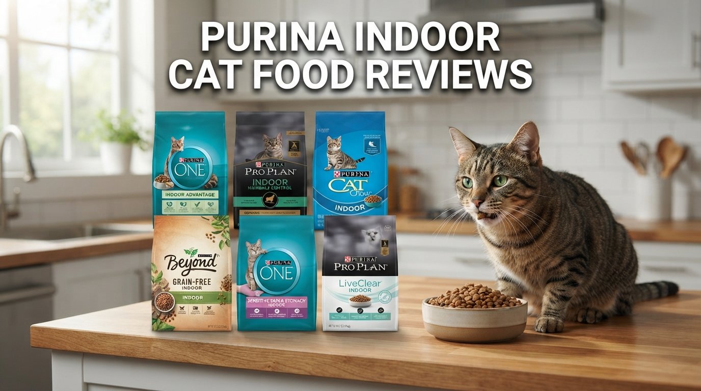 Purina indoor cat food reviews featuring six premium indoor cat food formulas and a healthy tabby cat in a modern kitchen.