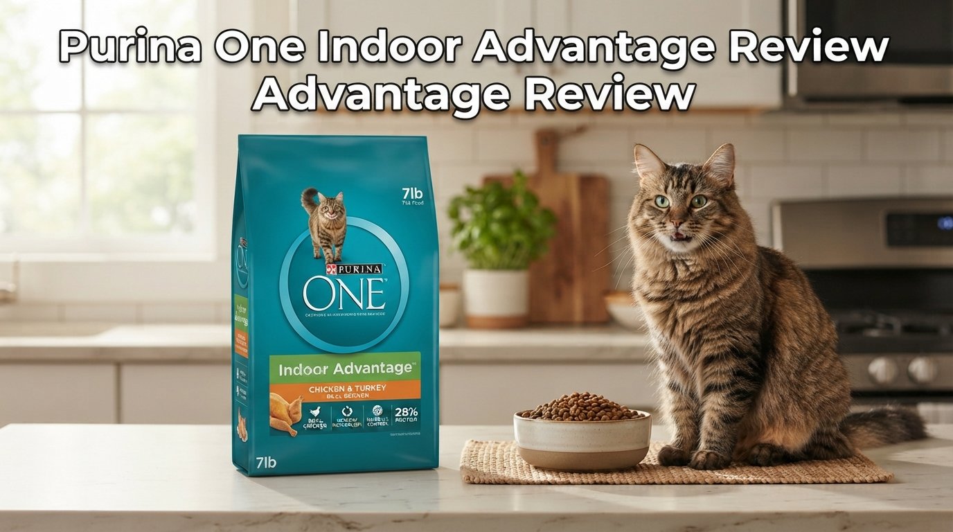Purina One Indoor Advantage review featuring a premium cat food bag and a healthy indoor tabby cat in a modern kitchen.