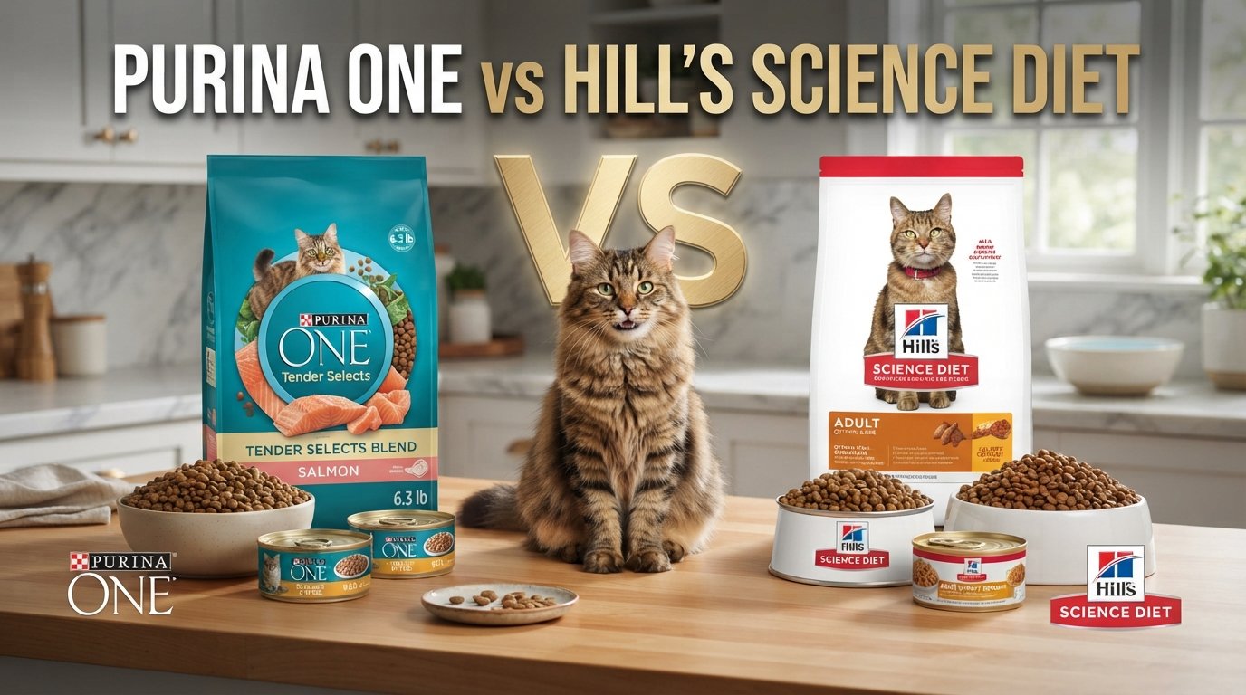 Purina One vs Hill's Science Diet cat food comparison featuring products from both brands and a healthy tabby cat.