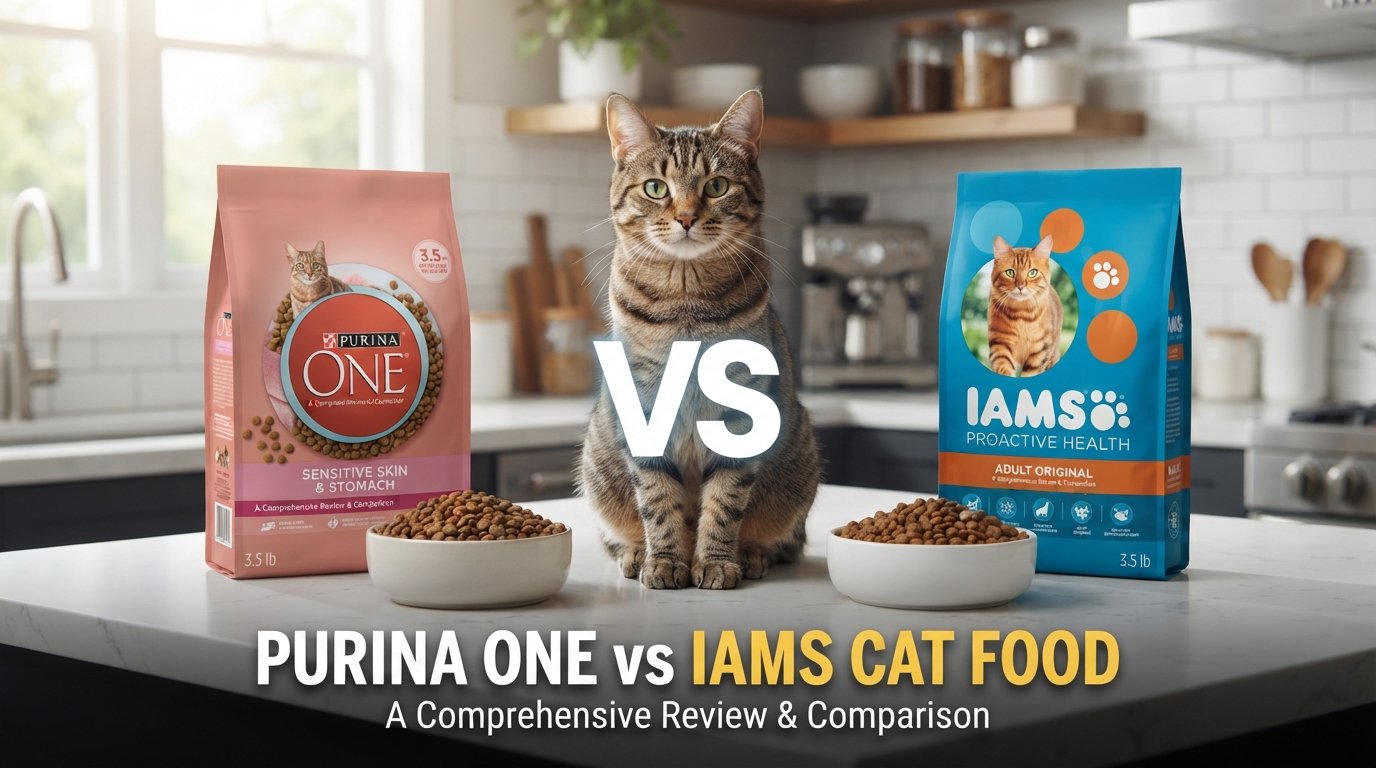 Purina One vs IAMS cat food comparison featuring five products from each brand and a healthy tabby cat in a modern kitchen.