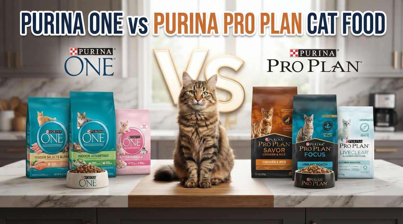 Purina One vs Purina Pro Plan Cat Food comparison featuring products from both brands and a healthy tabby cat.