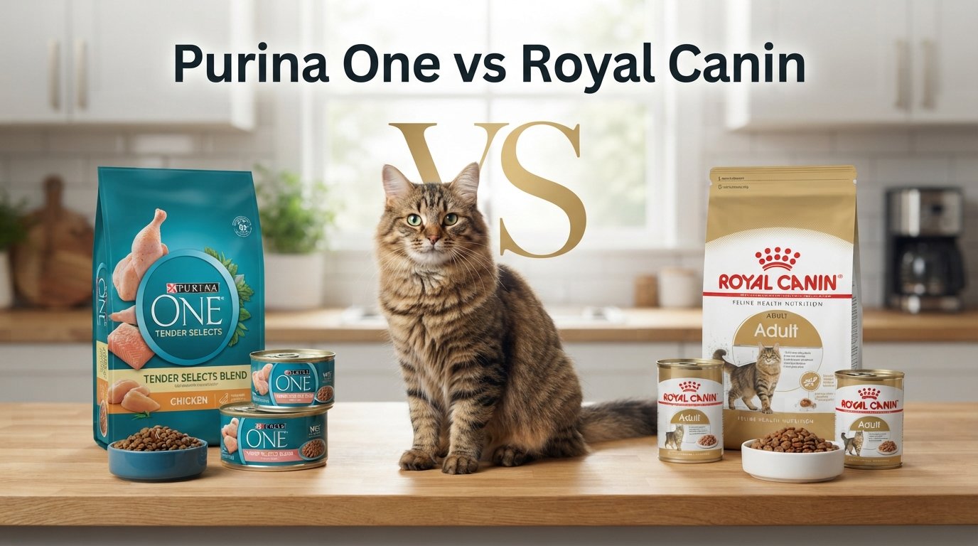 Purina One vs Royal Canin cat food comparison featuring products from both brands and a healthy tabby cat.