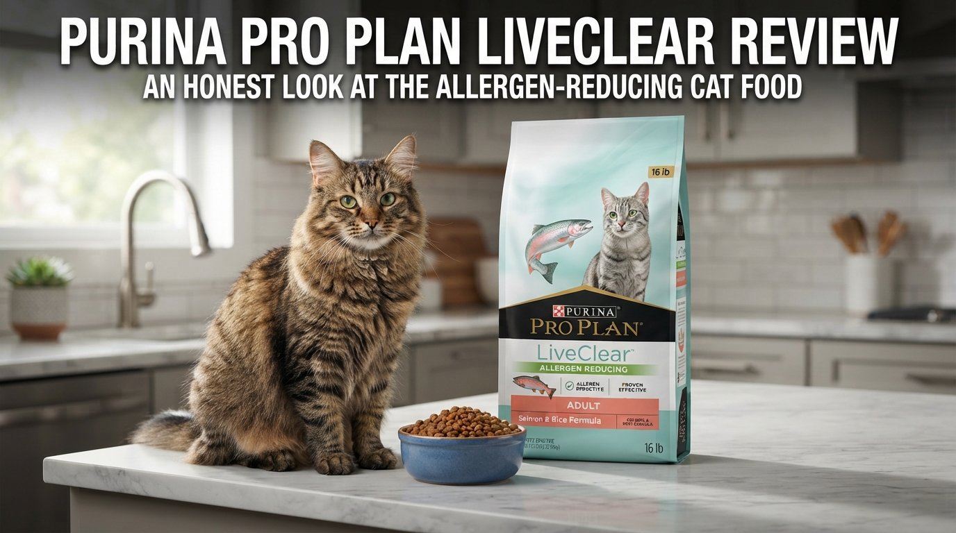 Purina Pro Plan LiveClear review featuring a premium cat food bag and a healthy indoor tabby cat in a modern kitchen.