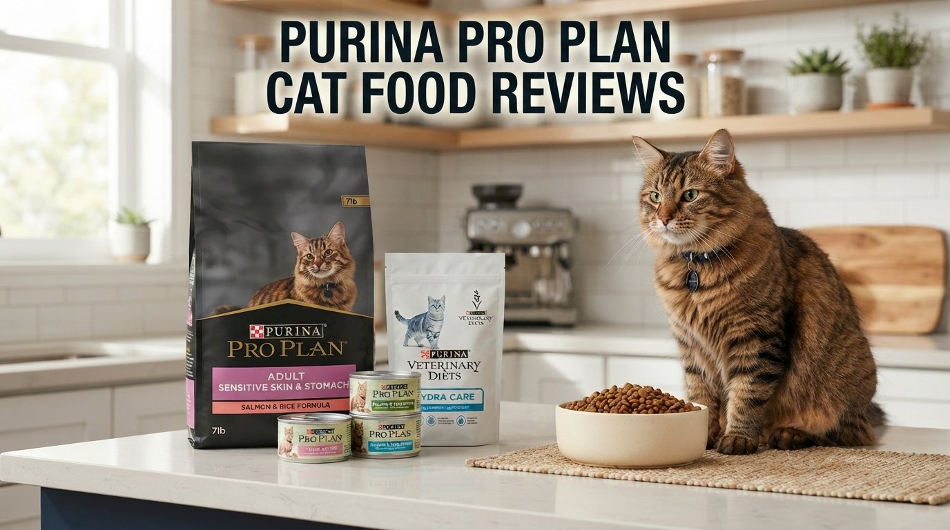 Purina Pro Plan review featuring a premium cat food bag and a healthy indoor tabby cat in a modern kitchen.