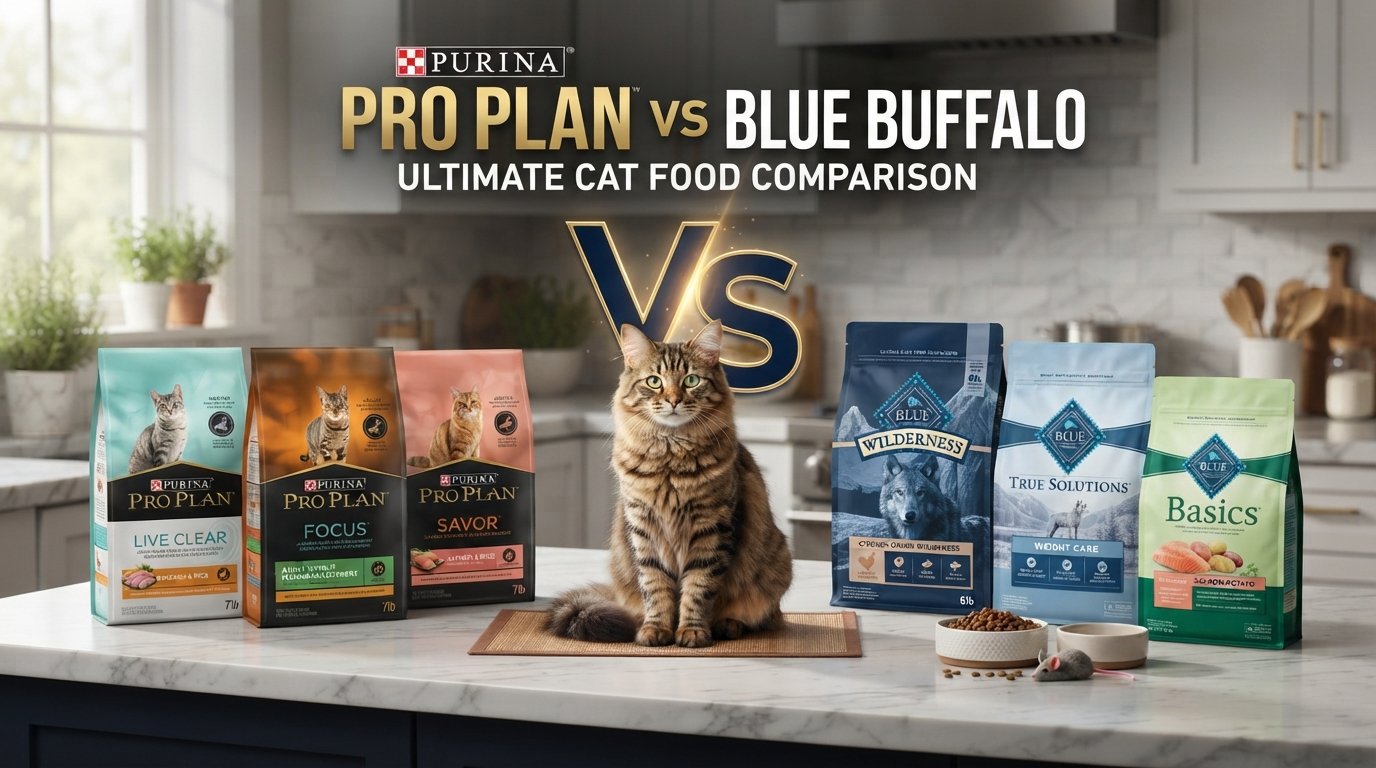 Purina Pro Plan vs Blue Buffalo cat food comparison featuring products from both brands and a healthy tabby cat.