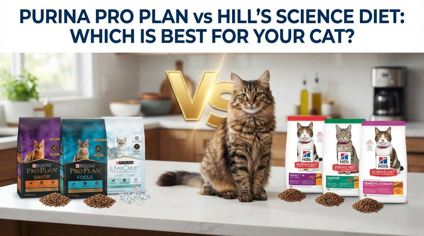 Purina Pro Plan vs Hill's Science Diet cat food comparison featuring products from both brands and a healthy tabby cat.