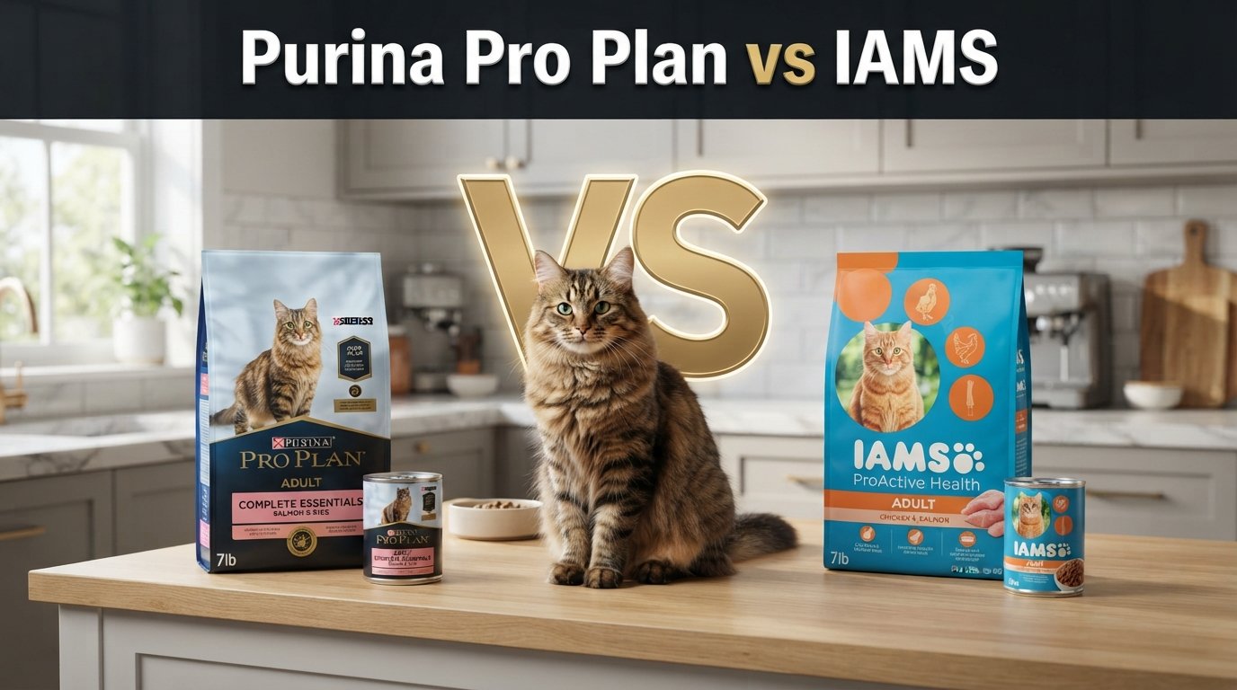 Purina Pro Plan vs IAMS cat food comparison featuring products from both brands and a healthy tabby cat.
