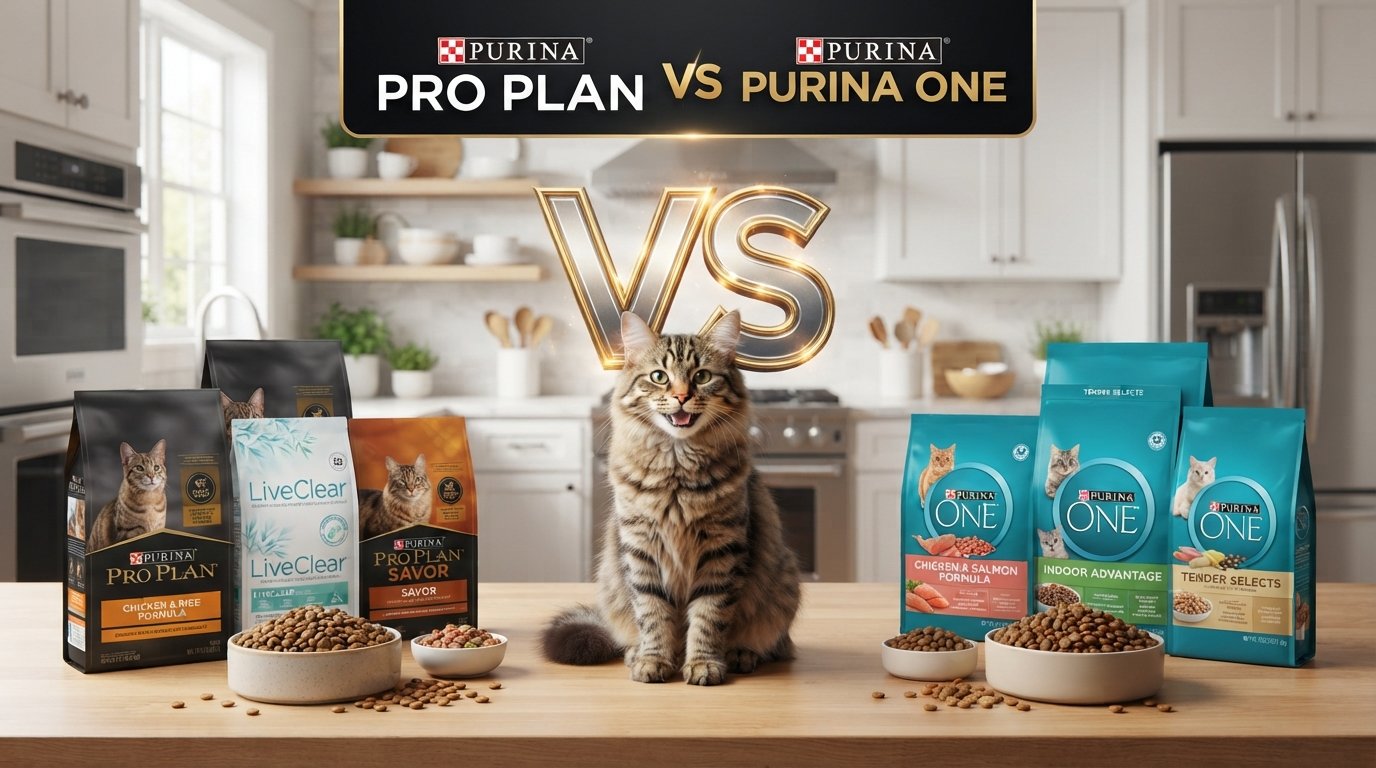 Purina Pro Plan vs Purina One cat food comparison featuring products from both brands and a healthy tabby cat.