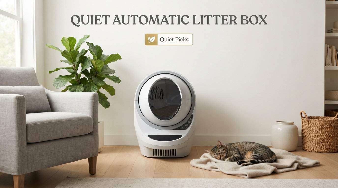 Quiet automatic litter box with a sleeping indoor cat in a modern home showcasing low-noise self-cleaning performance.