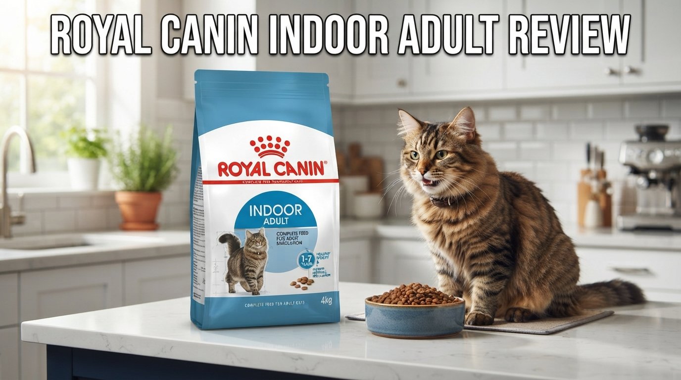 Royal Canin Indoor Adult review featuring a premium cat food bag and a healthy indoor tabby cat in a modern kitchen.