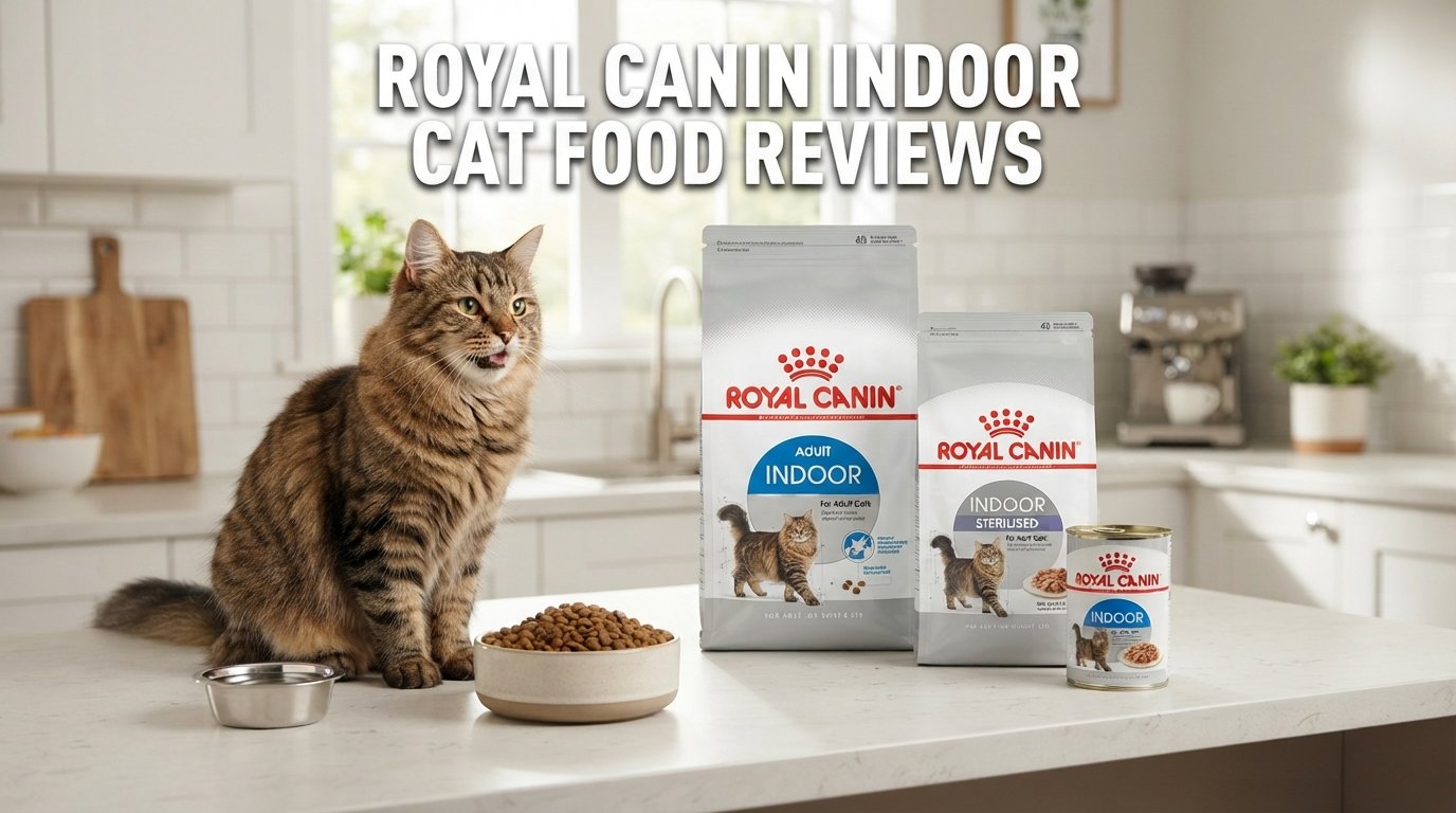 Royal Canin indoor cat food reviews featuring premium indoor cat food products and a healthy tabby cat in a modern kitchen.