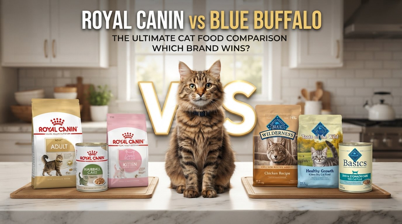 Royal Canin vs Blue Buffalo cat food comparison featuring products from both brands and a healthy tabby cat.